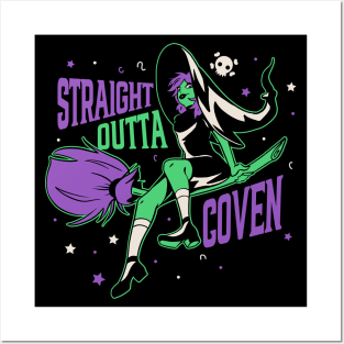 Straight Outta Coven // Funny Halloween Witch on Broomstick Posters and Art